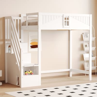 Sweiko Hoogslaper - 90 x 200 cm - Links/rechts verwisselbaar - Met kledingkast - Wit