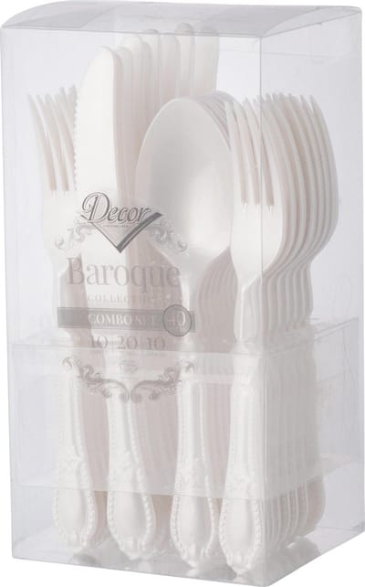 Decorline - Herbruikbare robuuste plastic bestekset Parelkleur - 40-delig - met elk 20 vorken, 10 messen en 10 soeplepels - Baroque Collection voor Kerstmis,Bruiloften, Verjaardagen, Feesten en Evenementen-