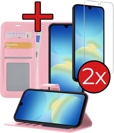 Hoesje - Met 2x Screenprotector - Geschikt voor Samsung Galaxy A26 - Luxe Pasjeshouder - Flip Case - Bookcase Portemonee - Kunstleer Book Case - Flipcase Hoes - Book Cover - Walletcase - Portemonneehoes - Telefoonhoes - Lichtroze
