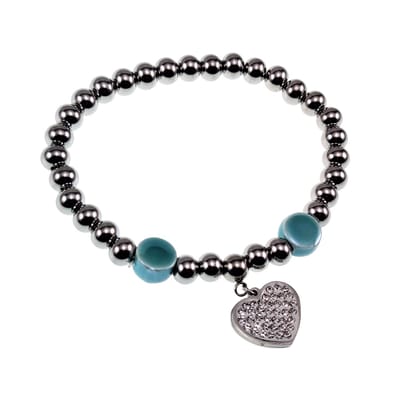 Kralen Armband Dames - Gepolijst RVS - Turquoise Armband met Hart Hanger