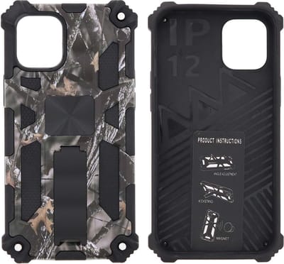 Hoesje Geschikt voor iPhone 12 Mini Hoesje - Rugged Extreme Backcover Takjes Camouflage met Kickstand - Grijs