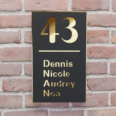 Naambordje voordeur - Huisnummerbord - Rechthoek staand - 25x15 - zwart/goud