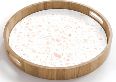 Dienblad rond 40x40 cm - Schootdienblad hout - Terrazzo - Patroon - Wit - Perzik - Borrelplank rechthoek - Plateau houten dienbladen