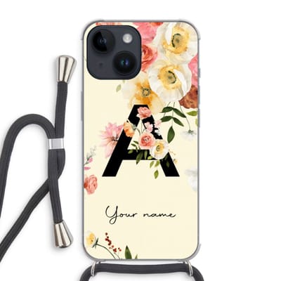 Gepersonaliseerd - Case Company® - Hoesje met koord geschikt voor iPhone 14 hoesje met Koord - Flirty Flowers Monogram - Telefoonhoesje met Zwart Koord - Extra Bescherming aan alle Kanten en Over de Schermrand