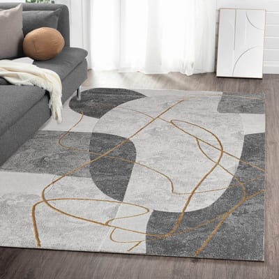 Flycarpets Evora Modern Vloerkleed Grijs / Goud – Laagpolig Japandi Tapijt Woonkamer – 240x340 cm