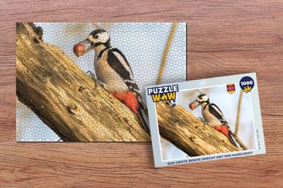 Puzzel Een grote bonte specht met een hazelnoot - Legpuzzel - Puzzel 1000 stukjes volwassenen