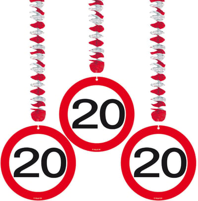20 jaar verjaardag versiering rotorspiralen plafond - verkeersborden - 9x stuks - feestartikelen - papier