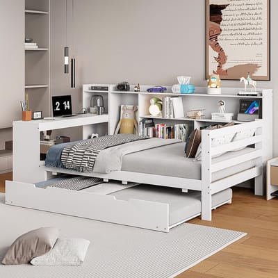 Komhtom Volwassen bed Gecombineerd bed Sofabed in massief hout 90x200 cm met bureau, planken, opbergvakken en planken met inklapbaar bed wit