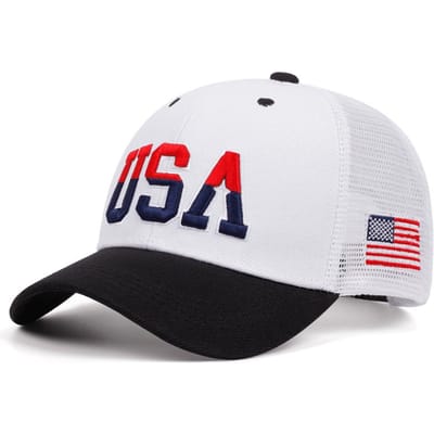 Nieuwe Katoenen Mesh Hoed VS Zijde Geborduurd Amerikaanse Vlag Modieuze Hip Hop Hoed Buiten Zonbescherming Hoed Verstelbare Baseballpet white