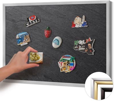 Wallfluent - Zwart Magneetbord Met Decoratieve Patronen - 70 cm x 50 cm - Magneetbord met Zilveren Frame - Stenen muurtextuur - Magneetbord Multifunctioneel - Magnetisch Bord voor Thuis en Kantoor - Magneetbord Voor Thuiskantoor