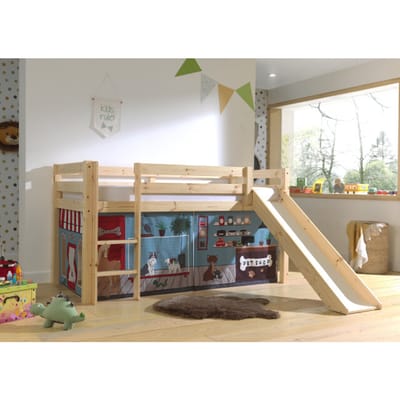 LUCEVI - Pino Halfhoogslaper H115CM + Ladder + Glijbaan + Pet Shop Gordijntjes - Bruin - 90x200 cm