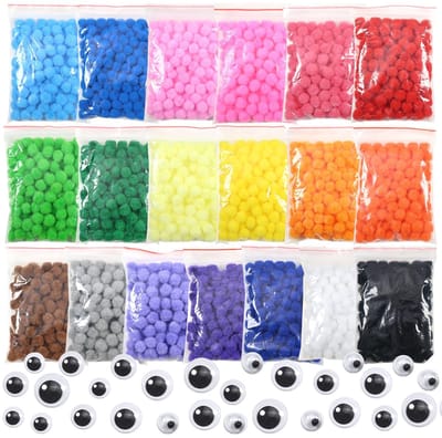 Dailygoods- Pompons 570 Stuks - Beweegbare Ogen 100 Stuks - Knutselmateriaal voor Kinderen - Decoratie - Ambachtelijk - Zacht en Kleurrijk