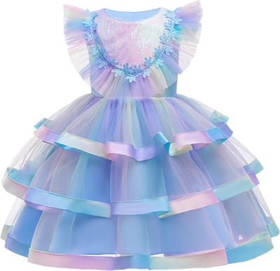 Prinses - Luxe Unicorn jurk - Blauwe regenboog - Prinsessenjurk - Verkleedkleding - Feestjurk - Sprookjesjurk - Maat 98/104 (2/3 jaar)