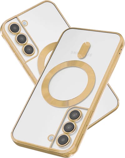 oTronica Hoesje aanstellen voor Samsung Galaxy S22 met Magnetisch Ring en Camera Lensbeschermer - backcover – Transparant/Goud