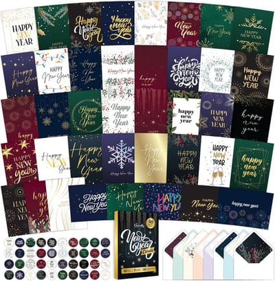 40 Nieuwjaarskaarten Set met Enveloppen en Stickers - Unieke Wenskaarten 13x18 cm