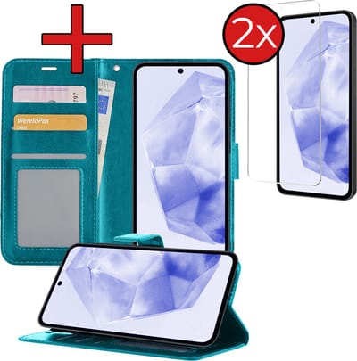 Hoesje - Met 2x Screenprotector - Geschikt voor Samsung Galaxy A35 - Luxe Pasjeshouder - Flip Case - Bookcase Portemonee - Kunstleer Book Case - Flipcase Hoes - Book Cover - Walletcase - Portemonneehoes - Telefoonhoes - Turquoise