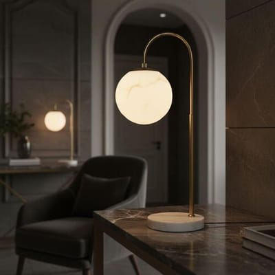 LUSENZ Sereno - Tafellamp Messing - Marmer voet - 30 cm - Modern design - Salon tafellamp - E27 fitting - Albast glas - Met aan/uit schakelaar