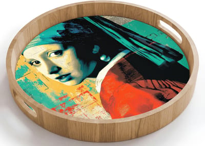 Dienblad rond 40x40 cm - Schootdienblad hout - Klassiek - Pareloorbel - Streetartstijl - Kleurrijk - Borrelplank rechthoek - Plateau houten dienbladen