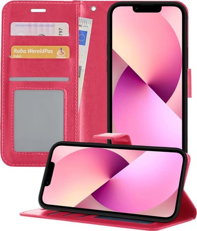 Hoesje - Met Pasjeshouder - Geschikt voor Apple iPhone 13 - Luxe Bookcase Portemonee - Flip Case - Kunstleer Book Case - Flipcase - Book Cover - Walletcase - Portemonneehoes - Telefoonhoesjes - Donkerroze