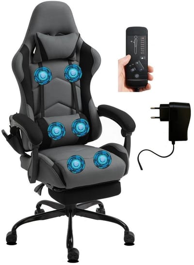 Delman Ergonomische Gamingstoel met Massagefunctie – 6 Vibratiepunten, Hoofdkussen & Lendenkussen, Uitschuifbare Voetsteun, Stofbekleding, Metalen Basis, Verstelbare Hoogte & Rugleuning, 360° Draaibaar, 150kg Belastbaar, met Zijvak