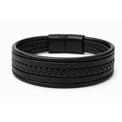 Zwarte leren heren armband – vegan leer – gevlochten design – magneetsluiting
