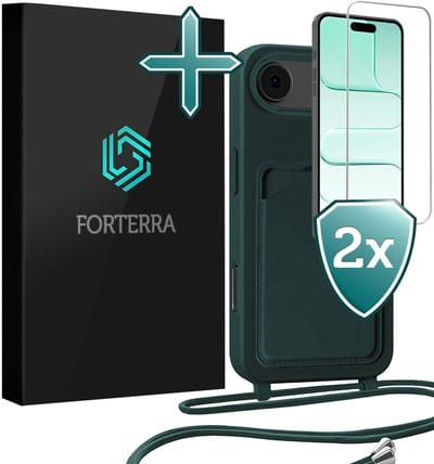 Hoesje Geschikt voor iPhone Air Pashouder Case Siliconen Hoes Met Koord Met 2x Screenprotector - Hoes Geschikt voor iPhone Air Met Telefoonkoord Hoesje Back Cover Met Pasjeshouder - Donkergroen