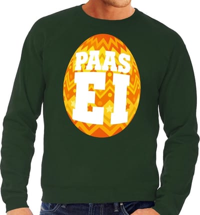 Groene Paas sweater met oranje paasei - Pasen trui voor heren - Pasen kleding S