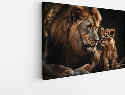Saammp Canvas Schilderij - Leeuw met welp - Natuur - Dieren - 45x30 - Foto op canvas - Wanddecoratie - Muurdecoratie Woonkamer - Slaapkamer decoratie - Canvas Print