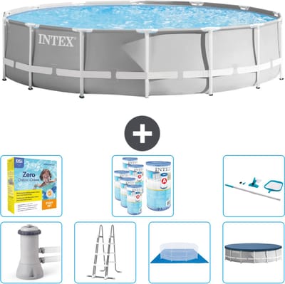 Intex Rond Prism Frame Zwembad - 427 x 107 cm - Grijs - Inclusief Pomp - Ladder - Grondzeil - Afdekzeil Onderhoudspakket - Filters - Schoonmaakset