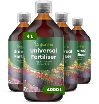 Vloeibare Universele Meststof 4X1 L Voor 4000 L - Npk 3-4-3 - Ondersteunt Een Gelijkmatige Groei - Geschikt Voor Groenten - Sierplanten - Gazon - Kruiden En Fruitplanten - Ideaal Voor Tuinen - Kassen - Potten En Vollegrond - Organifer