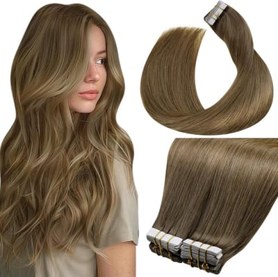Tape in Extensions Menselijk Haar 40 Stuks #6/8/14 Bruin Naar Lichtbruin Highlights 45 cm