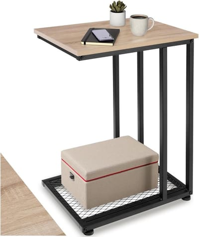 C-Vormige Bijzettafel - Salontafel Industriële Tafel - Laptop en Snacks - Met Roosterplank - 48 x 35 x 66 cm
