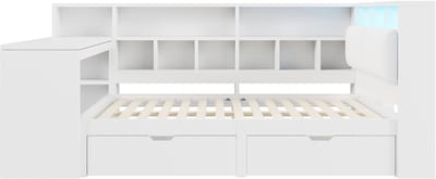 L-vormig houten platformbed van 140x200 cm met bureau en boekenplank, hoekbed met gestoffeerd hoofdeinde, lades onder het bed, LED-verlichting - Wit