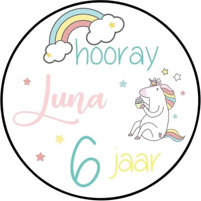 20x Unicorn Stickers Met Naam Leeftijd - Verjaardag Unicorn - Meiden - Eenhoorn - Gepersonaliseerd - Sluitstickers - Kinderfeest Traktatie - Uitdelen - Uitdeeltraktatie - Wensetiket - Rond - 40mm - Glossy sticker
