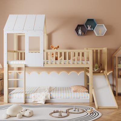 MEUNIQ Hoog laag bed 90x200 cm met glijbaan, rechthoekige ladder, dak en raam, kinderbed met valbeveiliging voor kinderkamer in naturel en wit