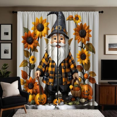 2 stuks HD Kerstman Pompoen Zonnebloem gordijn Geel Strik digitaal bedrukt gordijn Huisdecoratie stijl Versier woonkamer Wees W52H63inchW132H160cm white