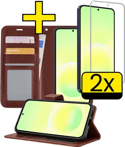 Hoesje - Met 2x Screenprotector - Geschikt voor Samsung Galaxy A57 - Luxe Pasjeshouder - Bookcase Portemonee - Flip Case - Kunstleer Book Case - Flipcase Hoes - Book Cover - Walletcase - Portemonneehoes - Telefoonhoesjes - Bruin