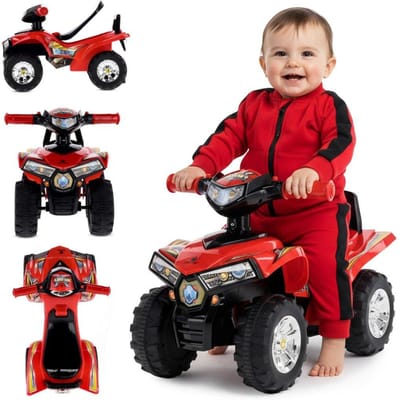 sun baby Kinderauto loopauto vanaf 1 jaar, baby quad, voertuig auto, Zwenkbare voorwielen, Claxon en motorgeluid in de stuurhendels, Opbergvak onder de zitting (Rood)