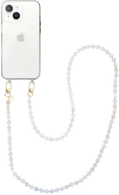 xoxo Wildhearts siliconen hoesje - Geschikt voor iPhone 15 Plus hoesje - Shell Hearts (long) - Telefoonhoesje - Hoesje met koord - gekleurde hartjes - Lang koord - Transparant hoesje met telefoonkoord - Beige / Crème
