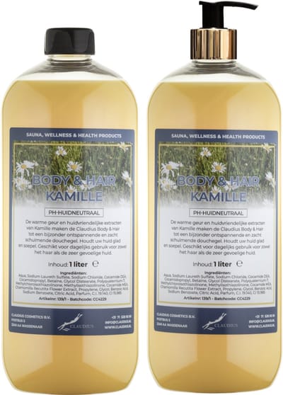 Body & Hair Kamille 1 liter met gouden pomp - set van 2 stuks - 2 in 1 voor lichaam en haar - voordeelverpakking