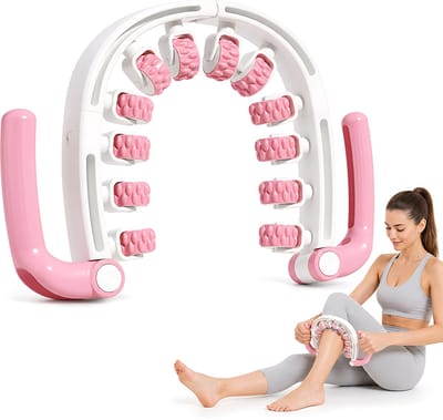 Beenmassage Roller met 12 Rollen - 180° Verstelbare Handmatige Massageroller voor Benen, Kuiten, Dijen en Armen - 3D Textuur en Ergonomische Handgrepen - Compact Spiermassage Apparaat 23,5 cm - Roze
