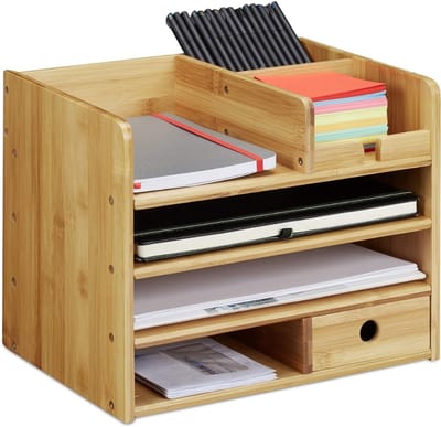 Famanu – Bamboe bureau organizer voor A4-documenten – vakjes voor memo’s en stiften + lade – voor me
