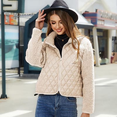 Cardigan Court d'Automne et d'Hiver Zippé Manches Longues Veste à Empiècements Peluche Femme 2XL abricot