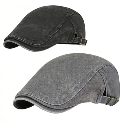 Grijs zwarte pet heren verstelbare flat cap denim look set van 2 casual mutsen met klep retro stijl 58-61 cm