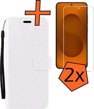 Hoes - Met 2x Screenprotector - Geschikt voor Samsung Galaxy S25 - Luxe Pasjeshouder - Bookcase Portemonee - Flip Case - Kunstleer Book Case - Flipcase Hoes - Book Cover - Walletcase - PortemonneeHoes - Wit