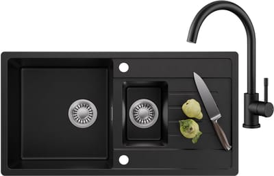 CECIPA MAX Spoelbak voor keuken 86x45CM - Granieten Keuken Met Keukenkraan - 1.5 Spoelbakken Keuken - Gootsteen Met Waterafvoersysteem - Wasbak Keuken - Krasvast en Hittebestendig - Zwart