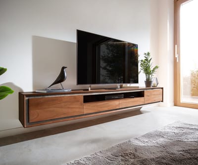 Tv-meubel Stonegrace acacia bruin 240 cm steenfineer 2 deuren 2 laden 1 legplank zwevend Tv-meubel