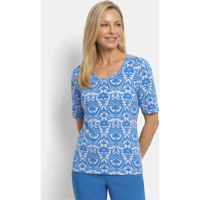 Shirt van viscose met vrouwelijk ornamentpatroon - blauw / wit / gedess. - Gr. 19 van Goldner Fashion