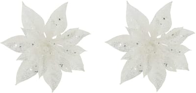 Cosy & Trendy Decoratie bloem - 2x stuks - kerstster - op clip - wit - glitter -15 cm - kunststof - kerstversiering