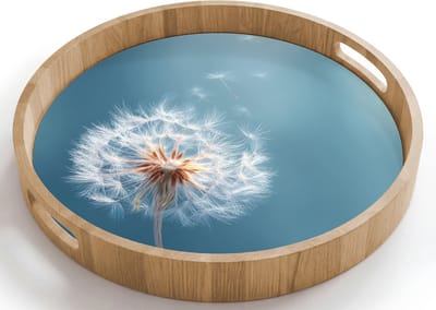 Dienblad rond 40x40 cm - Schootdienblad hout - Paardenbloem - Wind - Blauw - Borrelplank rechthoek - Plateau houten dienbladen